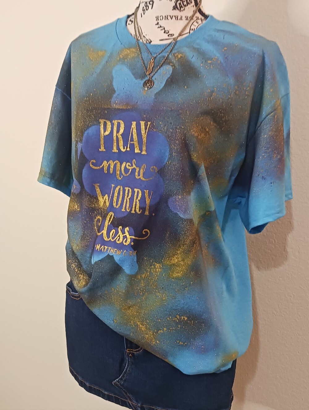 Hand Painted Blue Pray More Worry Less / Graphic T Shirt Cotton Butterfly Top L - Picture 2 of 6